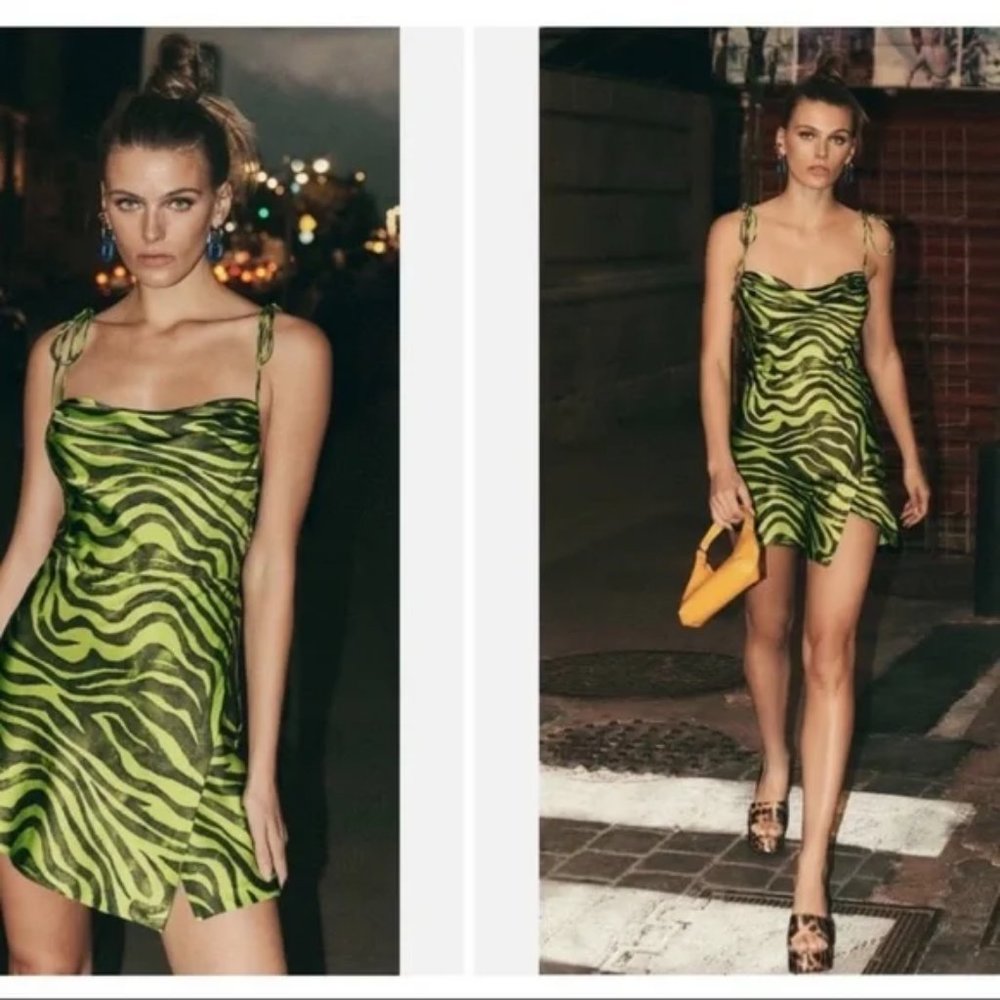 Retrofete Neon Green and Black Zebra Slip Mini Dress